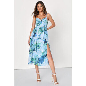 Lulus Beautiful Vibes Light Blue Floral Bustier Tiered Midi Dress - Size M